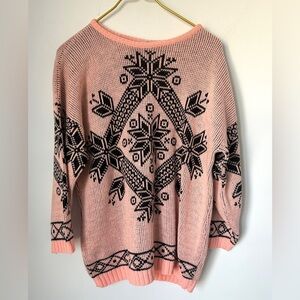 Vintage Renaissance Pink Black Snowflake 3/4 Sleeve Knit Sweater Women’s Large